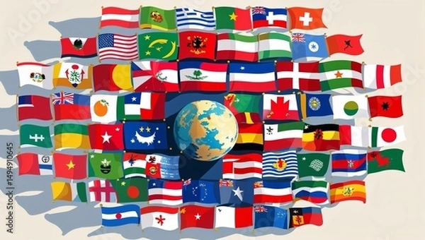 Fototapeta Globe surrounded by flags of different countries representing global unity and international relations
