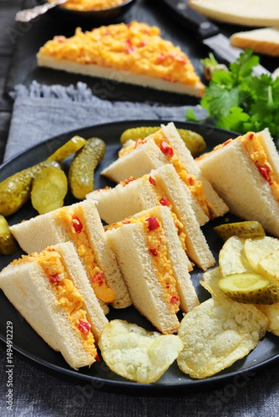 Obraz pimento cheese sandwiches with pickles and chips