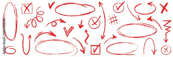 Fototapeta Red pencil hand drawn various oval, chalked arrows, check marks. Vector doodle marker drawing. Hand drawn charcoal symbols for diagrams. Freehand grunge red strikethrough and underline elements