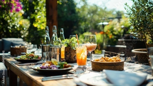 Obraz A family dining outdoors on a sunny day at a garden patio, with delicious food and refreshing drinks served on a wooden table