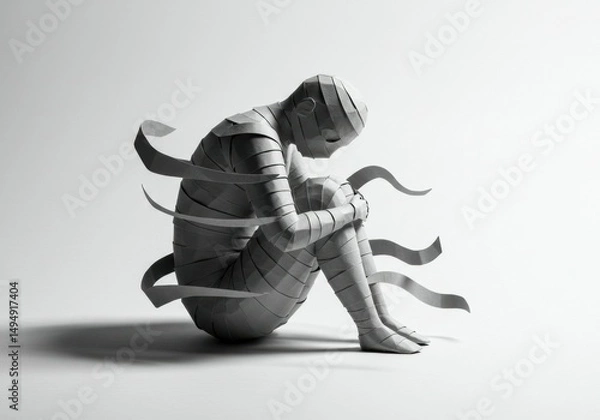 Obraz Paper Figure in Fetal Position with Overlapping Shadows