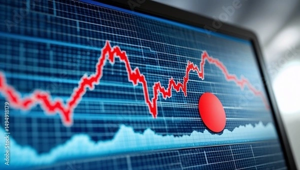 Fototapeta Red line graph on a blue grid background with a red circle indicating a point on the graph screen view