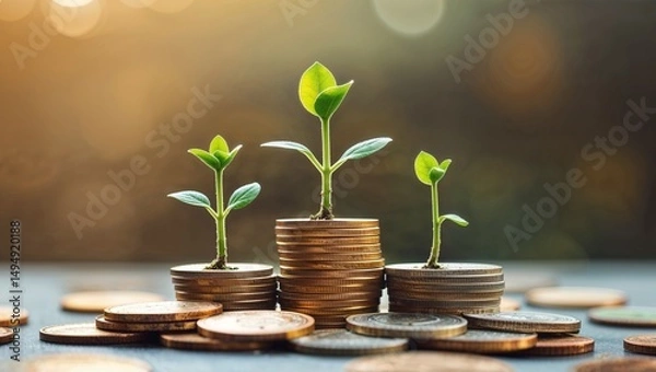 Obraz Three plants growing out of coin stacks representing financial investment and growth concept
