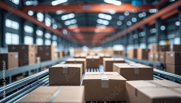 Obraz Boxes moving on conveyor belts in a large warehouse distribution center for shipping and delivery