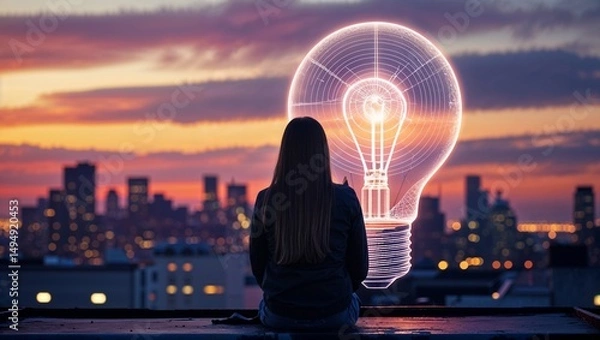 Obraz Woman sitting on rooftop looking at illuminated lightbulb with city skyline at sunset backdrop