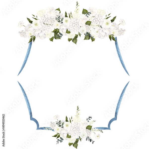 Obraz Hand draw frame with watercolor and graphic blue and white flowers, wildflowers and hydrangea, isolated on white background