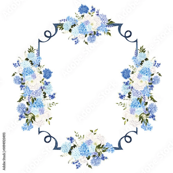 Obraz Hand draw frame with watercolor and graphic blue and white flowers, wildflowers and hydrangea, isolated on white background