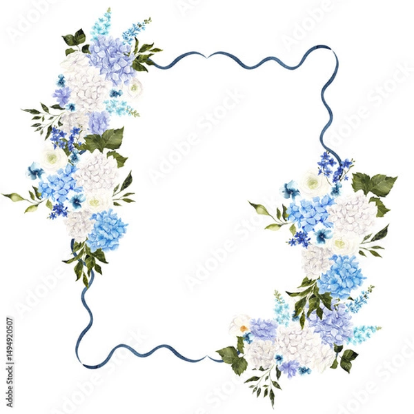 Obraz Hand draw frame with watercolor and graphic blue and white flowers, wildflowers and hydrangea, isolated on white background