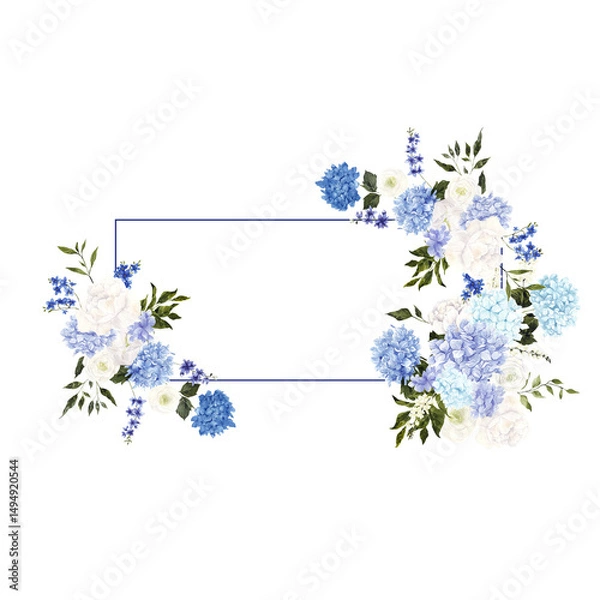 Obraz Hand draw frame with watercolor and graphic blue and white flowers, wildflowers and hydrangea, isolated on white background