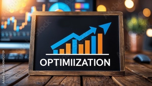 Fototapeta A chalkboard displaying an upward trending graph with the word optimiization on a wooden table