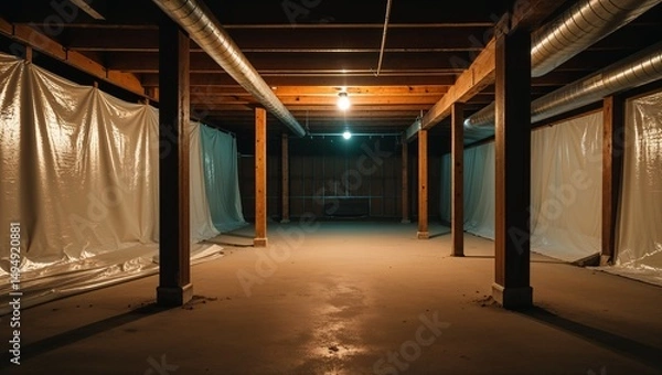 Obraz Illuminated unfinished basement with wooden support beams and plastic sheeting on the walls