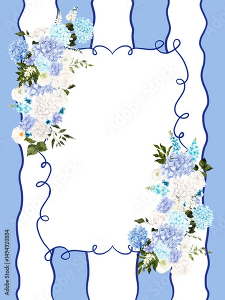 Obraz Hand draw frame with graphic tiles, lines, with watercolor blue and white hydrangea, wildflowers.