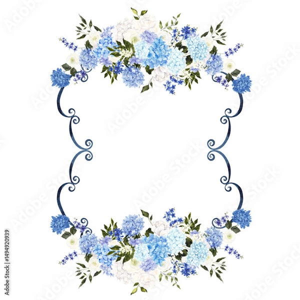 Obraz Hand draw frame with watercolor and graphic blue and white flowers, wildflowers and hydrangea, isolated on white background
