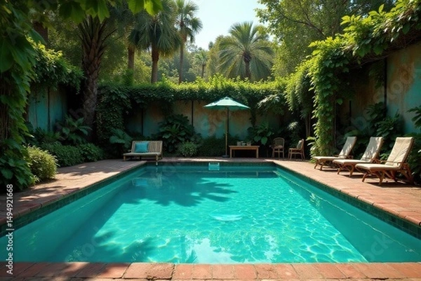 Obraz Overgrown, faded grandeur of a vintage pool, sunlight and shadows, nature, ruin