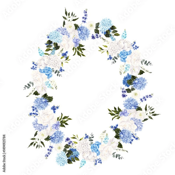 Obraz Watercolor hand draw wreath with blue hydrangea, wildflowers, isolated on white background