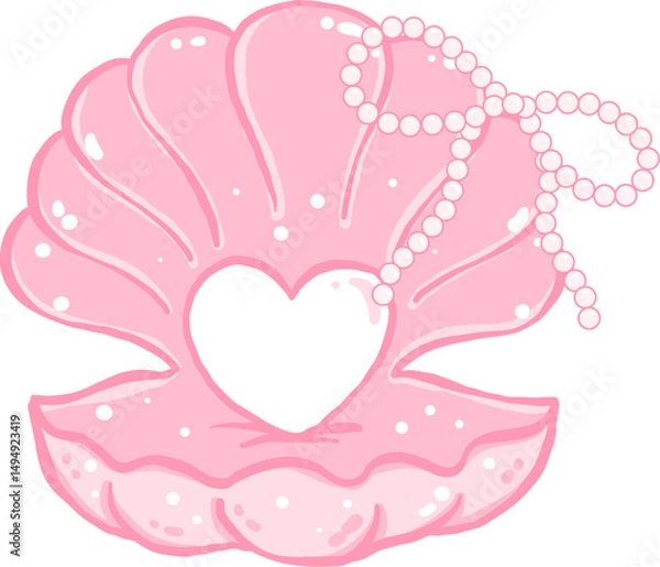 Obraz Coquette Pink Seashell Open Clam Shell with Pearl Ribbon Bow Hand Drawn