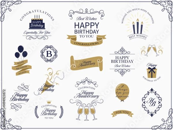 Obraz クラシカルな誕生日祝いのロゴバナーとフレームセット