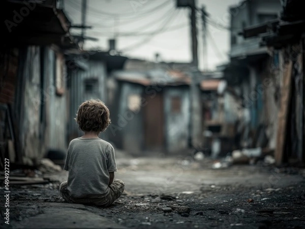 Fototapeta Young Boy Sitting Alone in a Gritty Urban Environment