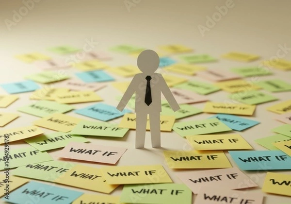 Obraz Paper Figure Surrounded by Mini Sticky Notes of “What If”