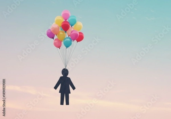 Obraz Human-Shaped Cutout Floating with Balloons on Pastel Sky