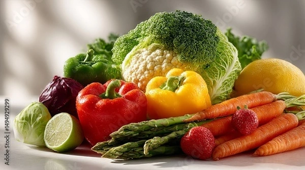 Fototapeta Colorful arrangement of fresh fruits and vegetables in vibrant still life composition with soft natural window light and clean white background