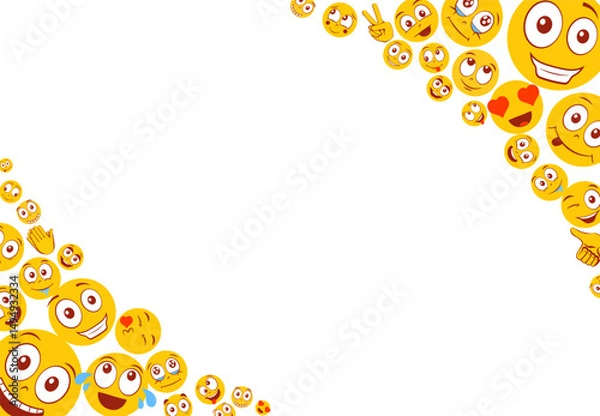 Fototapeta Funny emoji background with empty blank space for text. Frame with cartoon colourful faces. Happy, surprise and naughty emotion isolated on white. Vector

