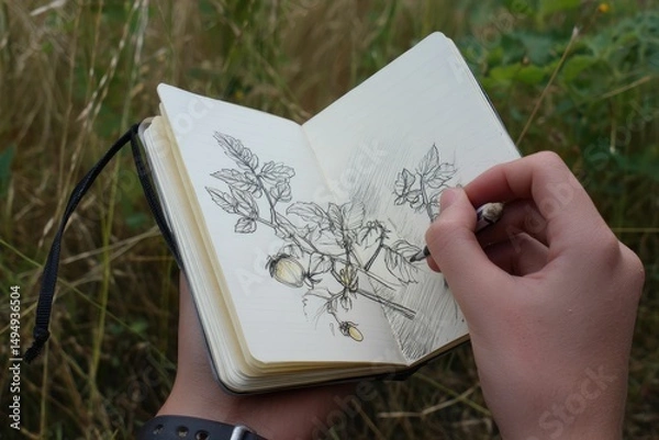 Fototapeta Hand-sketching infected tomato leaf in field journal