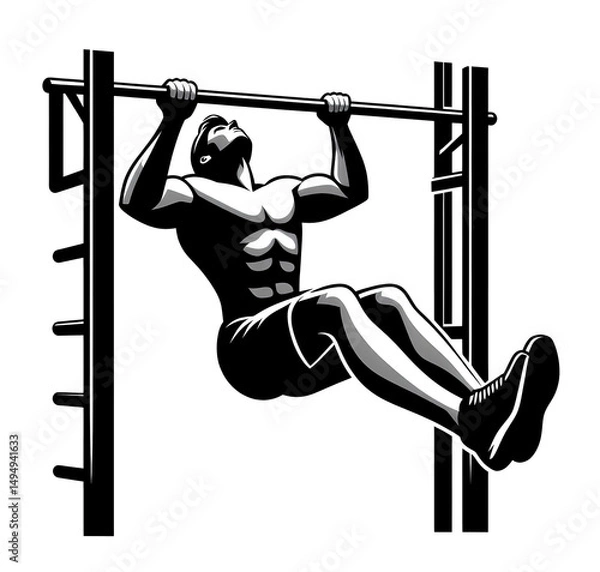 Obraz Conceptual black and white vector illustration of body swing pose on pull-up bar on white background.