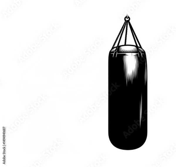 Obraz Black and white vector illustration of hanging boxing punching bag on white background with copy space.