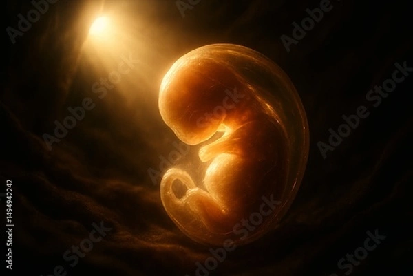Fototapeta Artistic and symbolic rendering of a glowing human embryo in early development, illuminated by a golden ray, floating in a dark, protective womb-like space