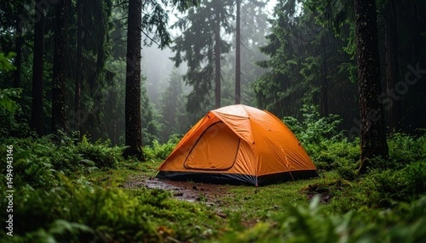 Fototapeta Bright Orange Tent Nestled in Lush Green Forest with Misty Background