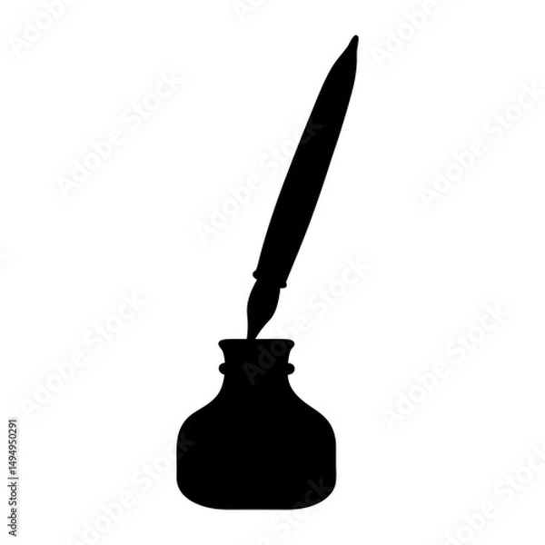 Fototapeta Silhouette Illustration of a Quill Pen in an Inkwell on White Background