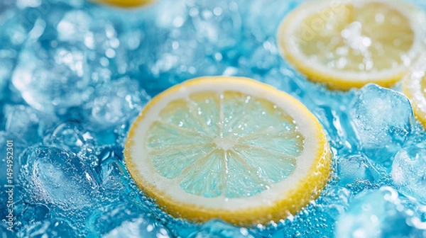 Fototapeta Refreshing Lemon Slices in Iced Water Summer Drink
