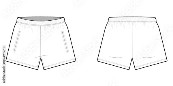 Fototapeta Elastic Waist Shorts With Two Front Pockets with Invisible Zippers- Front and Back View- Flat Vector Illustration- CAD Mock-up