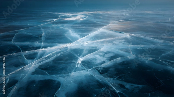 Obraz Dramatic aerial view of frozen lake baikal with visible cracks under a cloudy winter sky and frozen horizon