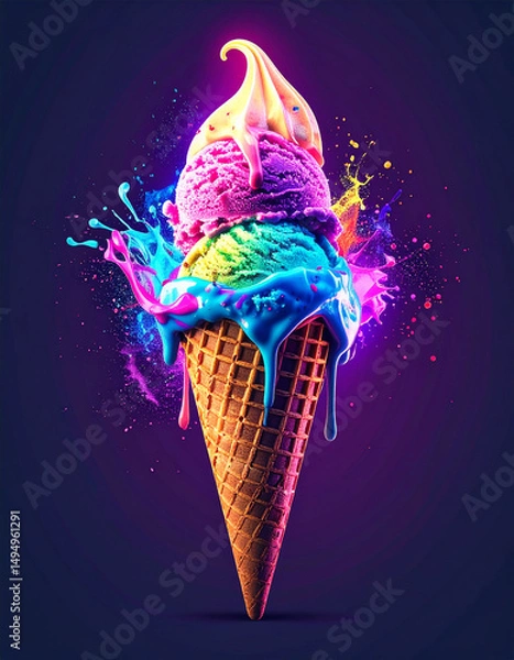 Fototapeta Waffle Ice Cream Cone with Vanilla Scoop and Neon Graphic Sleeve