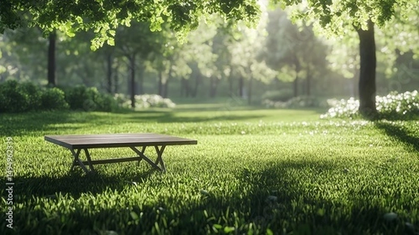 Fototapeta A serene backyard with a picnic table under a shaded tree.