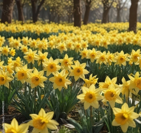 Obraz Dense cluster of glistening daffodils, sunny yellow petals, full bloom ,  sunlight,  golden yellow,  fresh