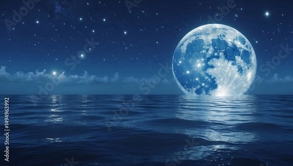 Fototapeta Luminous full moon reflected on the calm ocean with twinkling stars at night.