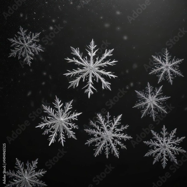 Obraz Intricate snowflakes falling against a pure black backdrop ,  image, snow,  precipitation