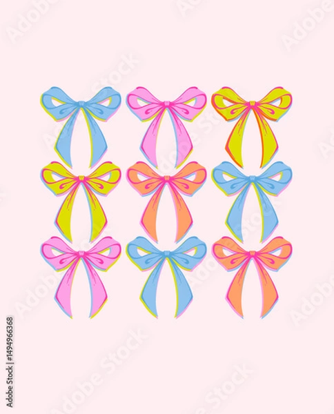 Fototapeta Cute Playful Bows Print. Whimsical Hand Drawn Risograph Style Illustration with colorful bows. Vintage feminine, coquette design in charming girly style. Retro aesthetics for romantic visuals