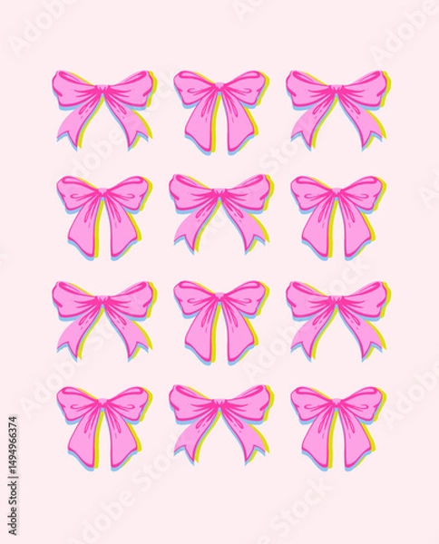 Fototapeta Cute Pink Bows Print. Whimsical Hand Drawn Risograph Style Illustration. Playful, feminine, coquette design in charming girly style. Retro, Vintage aesthetics for stationery, textiles, romantic visual