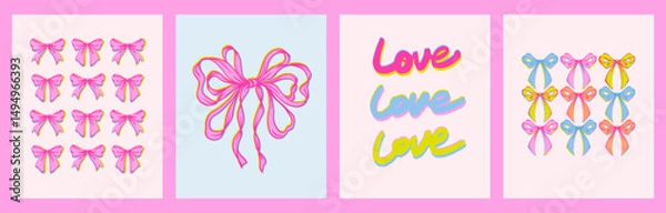 Fototapeta Coquette Love, Bows Print Set. Playful, feminine collection of girly Whimsical prints with pink ribbon bows and handwritten “Love” slogan in vibrant vintage risograph style. Retro aesthetics.