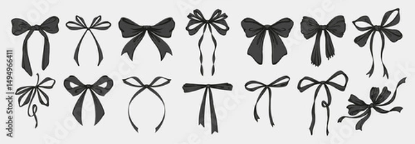 Fototapeta Black Vintage coquette ribbon bows set. Whimsical Hand Drawn Rococo Style Illustration. Playful, feminine, coquette design in charming girly style. Retro aesthetics