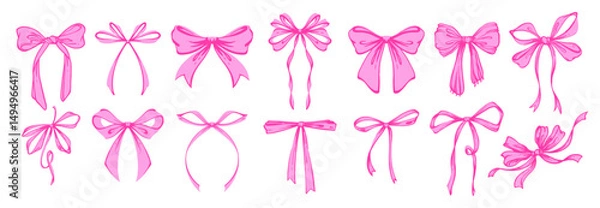 Fototapeta Pink Vintage coquette ribbon bows set. Whimsical Hand Drawn Rococo Style Illustration. Playful, feminine, coquette design in charming girly style. Retro aesthetics
