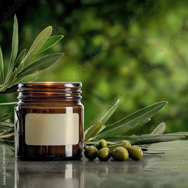 Obraz Aromatic candle in brown glass jar with blank label, olive branch and green olives, natural relaxing mood
