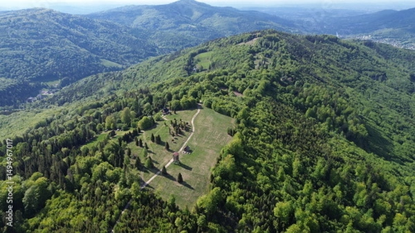 Fototapeta Aerial Footage of Stary Gron Viewing Platform Beskid Mountains Poland..