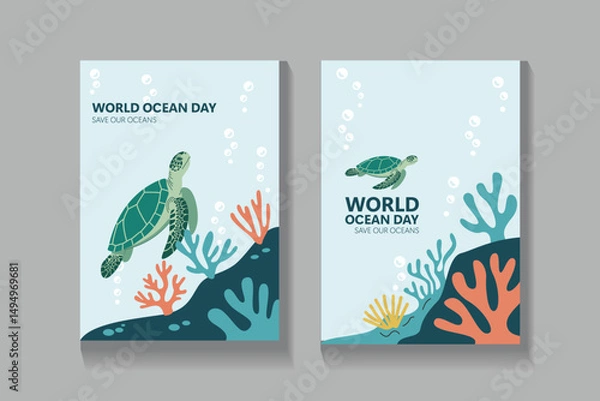 Fototapeta Marine life vector illustration for World Ocean Day with turtle, coral, and bubbles. Great for social media posts, posters, banners, and ocean conservation content.