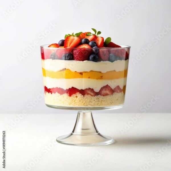 Fototapeta A beautifully layered trifle dessert with fresh fruit and cream captured from a side view to showcase its colorful layers
