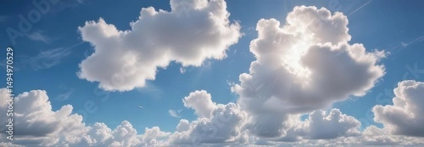 Obraz Aged paper, vibrant blue sky, fluffy white clouds, sunlit glow ,  creased, texture,  faded
